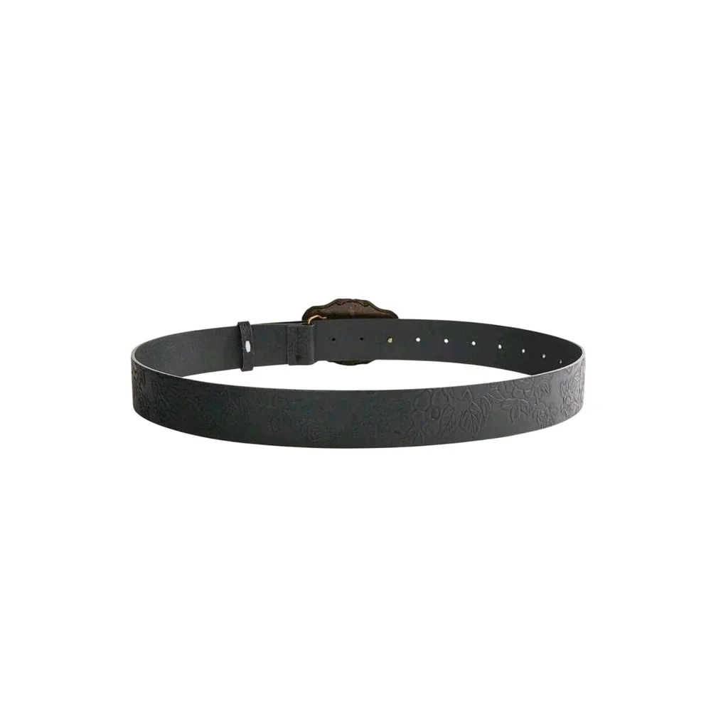 Womens Western Black Floral Embossed Belt Bronze‎ Horse Buckle Cowboy 44 inches